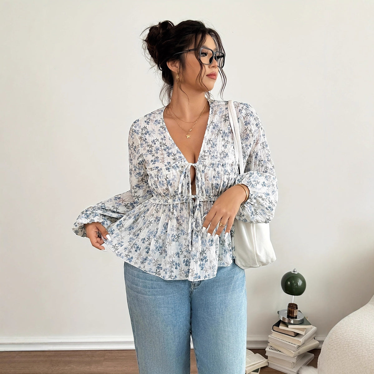 Floral Collar Long Sleeve Pleated Elastic Waist Casual Word With Tops