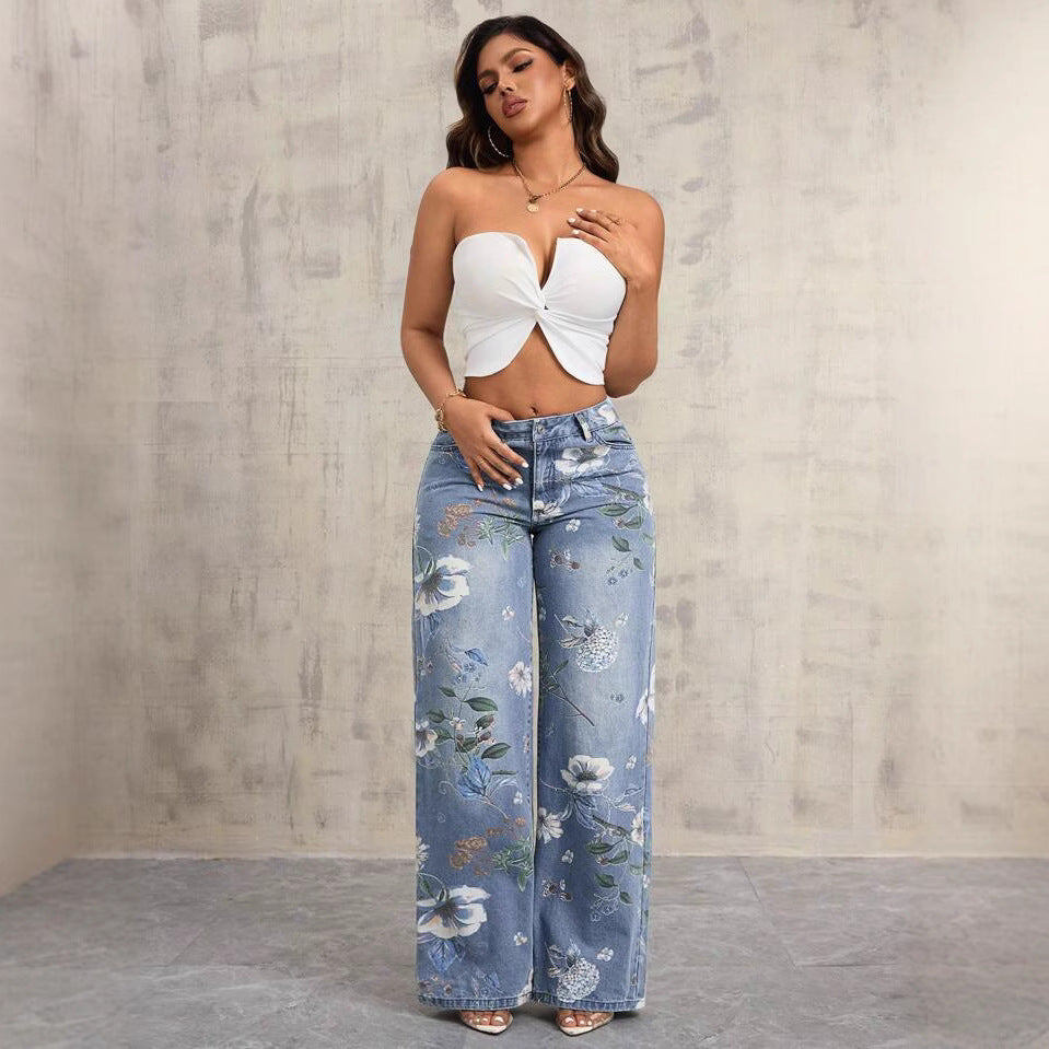 Women's Street Printed Autumn Fashion Style Loose Design Sense Mop Wide Women's Jeans
