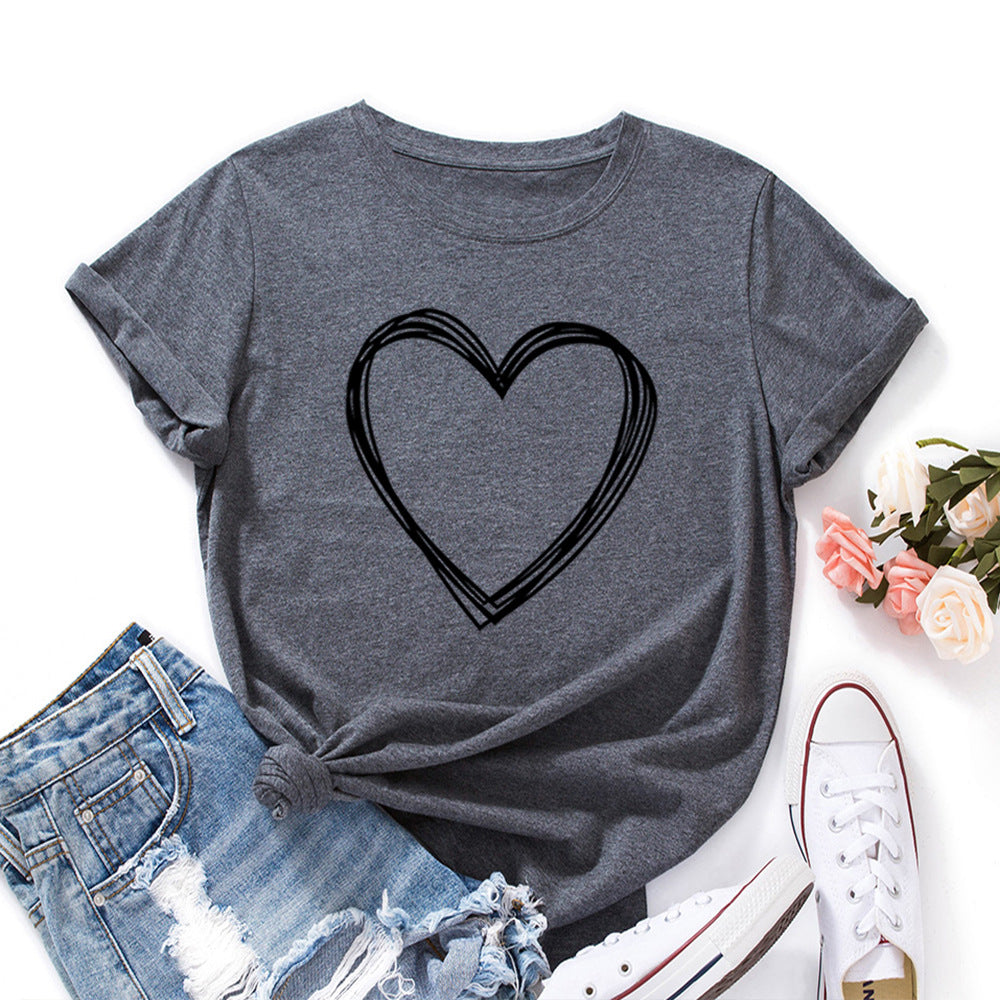 Women's Creative Heart Printed Loose Round Neck Women's T-shirt
