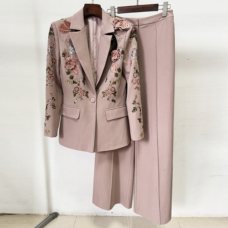 Versatile Bead Three-dimensional Flower Two-piece Set Fashion Casual Suit