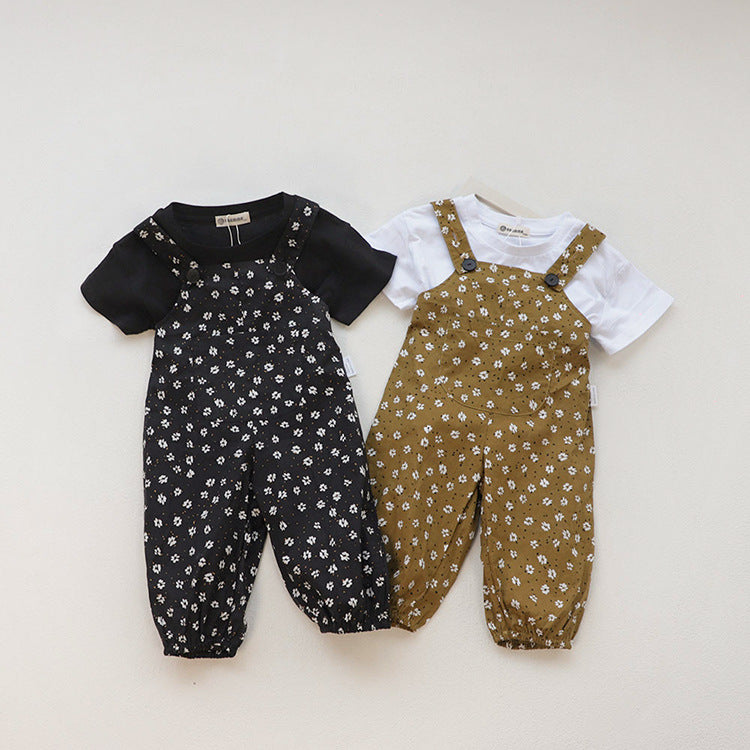 Children's Cotton Summer Clothing One-piece Pocket Floral Children's Pants