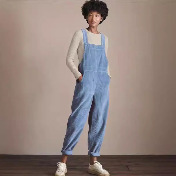 Elegant Solid Color Corduroy Pocket Overalls Casual Pants