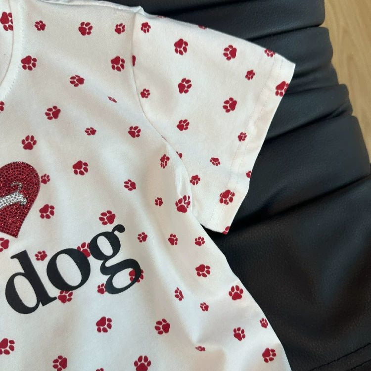 Children's Summer Love Rhinestone Dog's Paw Full Printed Short-sleeved Bottoming Shirt Children's T-shirt