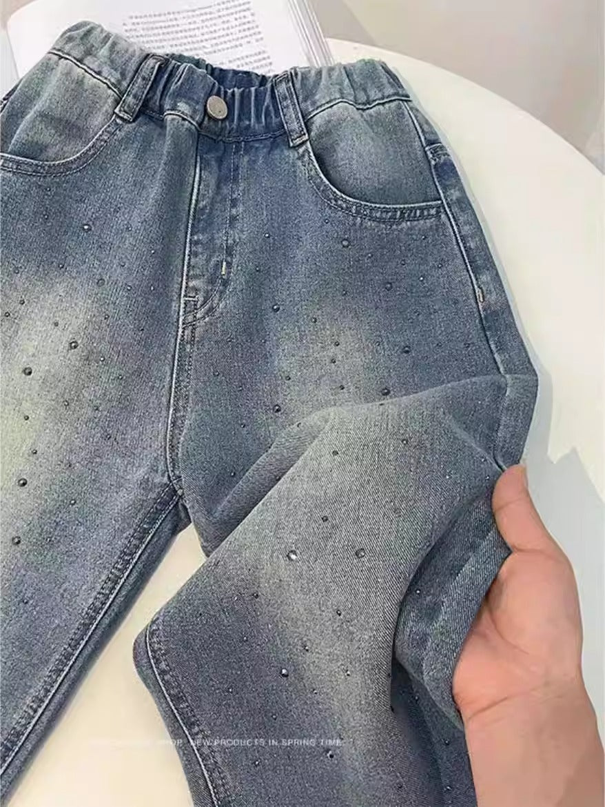 Spring Loose Rhinestone Starry Sky Denim Children's Pants