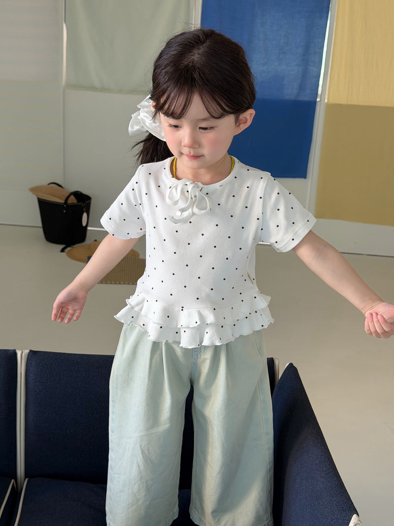 Children's Summer Korean Style Polka Dot Ruffled Short Sleeves Sweet Fresh Children's T-shirt