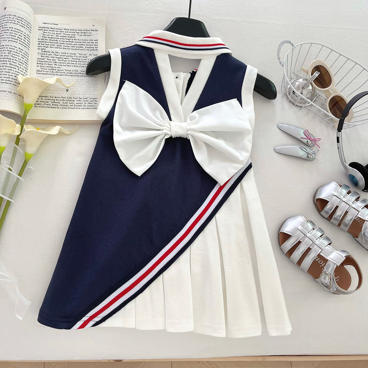 Preppy Style Little Vest Color Matching Collar Sleeveless Children's Dress