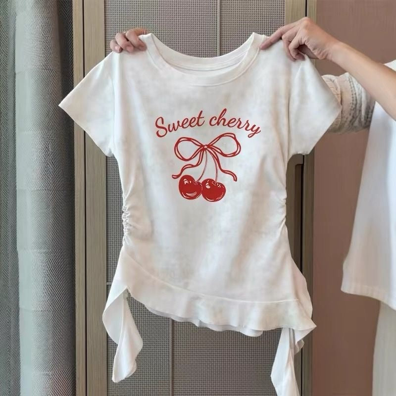 Middle Big Cat Printing Short-sleeved Summer Irregular Ruffle Top Children's T-shirt