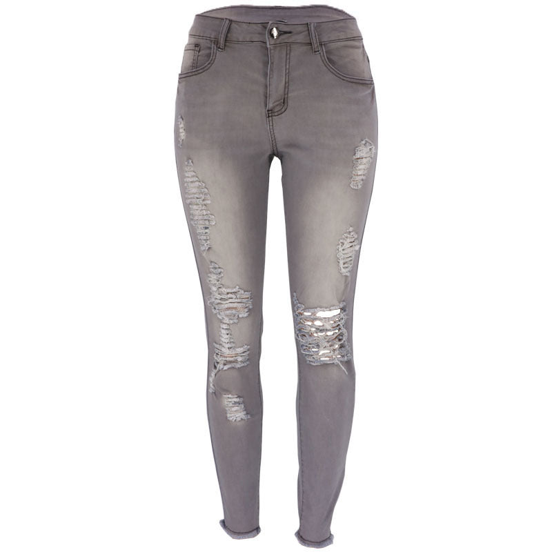 Women's Summer High Elastic Cropped Ripped Skinny Women's Jeans