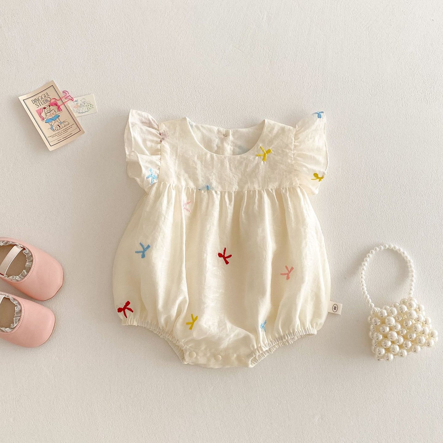 Small Left Right Summer Embroidered Bow Romper Jumpsuit, Climbing Suit