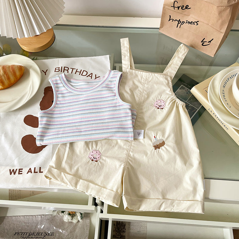 Summer Korean Style Striped Vest Cartoon Suspender Children's Suit