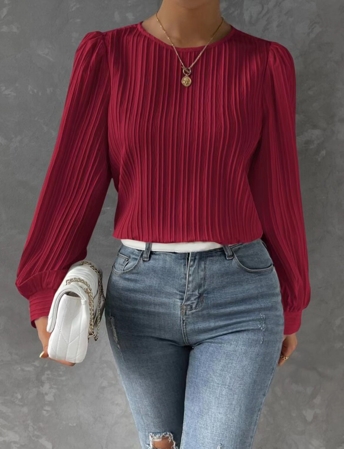 Spring Round Neck Lantern Sleeve Long Solid Color Blouses