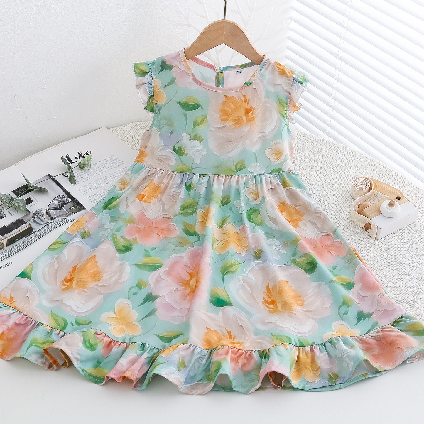 Sweet Little Flounced Sleeve Cotton Silk Summer Thin Cool Rayon Children's Dress
