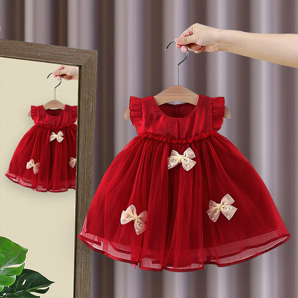 Children's Summer Twilight Yarn Flounced Sleeve Princess Bow Children's Dress