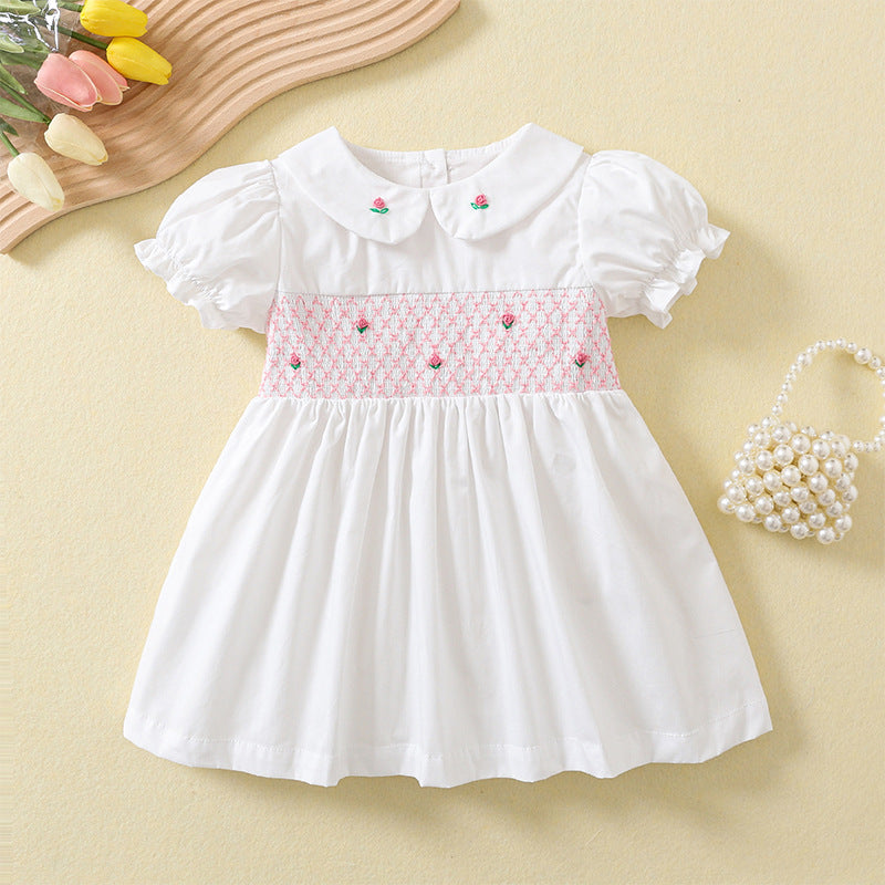 Children's Smocking Embroidered White Skirt Cotton Small Older Short Sleeve Children's Dress