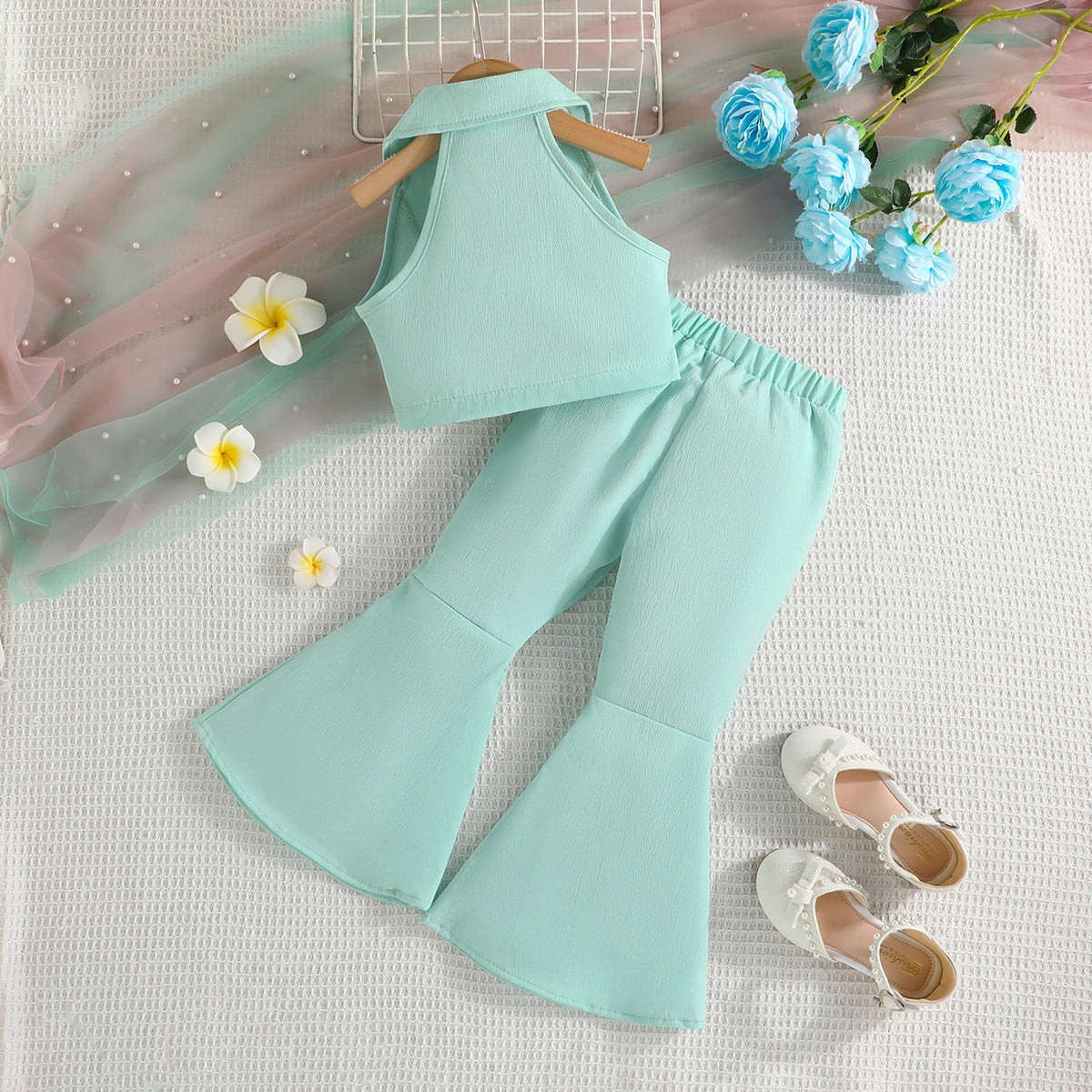 Sleeveless Short Top Solid Color Bow Flared Pants Two-piece Children's Suit