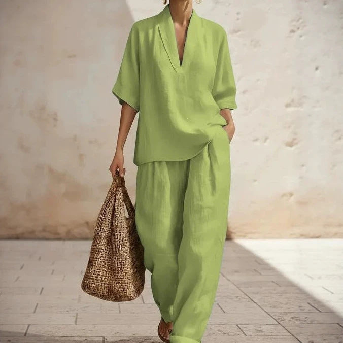 Women's Solid Color Comfortable Minimalist Linen Two-piece Fashion Casual Suit