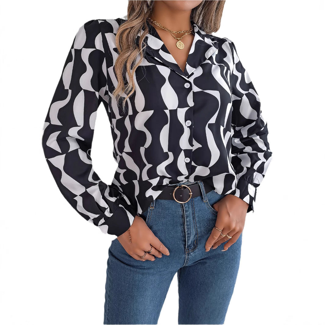 Women's Temperament Contrast Color Striped Collar Long Lace Shirt, Chiffon Shirt