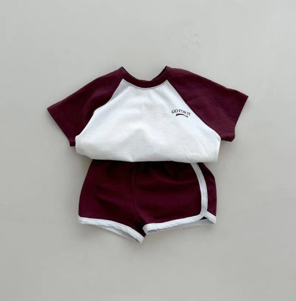 Stitching Sleeves Boy Versatile Fashion T-shirt Shorts English Letters Meteor Children's Suit