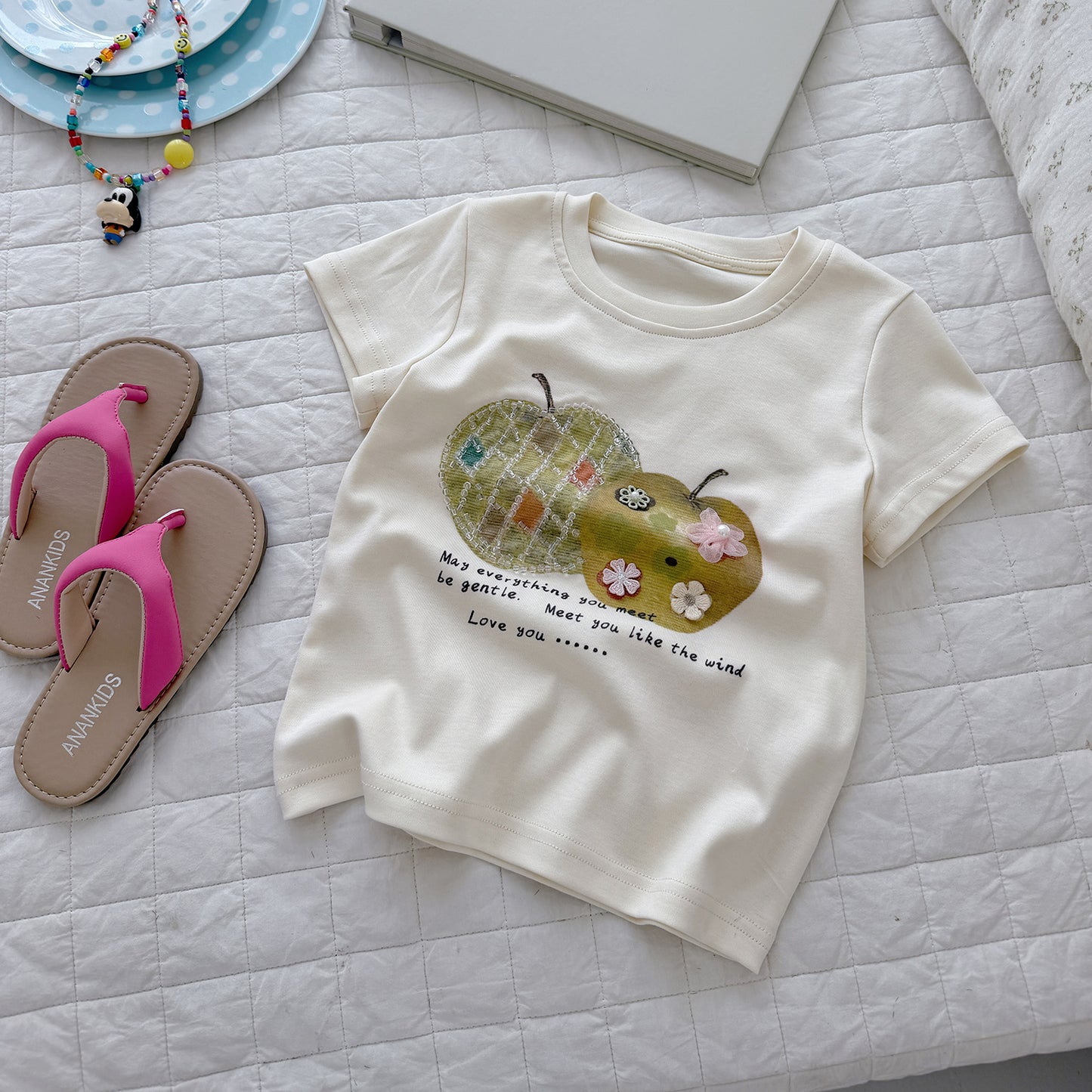 Children's Tide Cotton Short-sleeved Summer Fruit Spray Printing Pearl Embroidery Tops Children's T-shirt