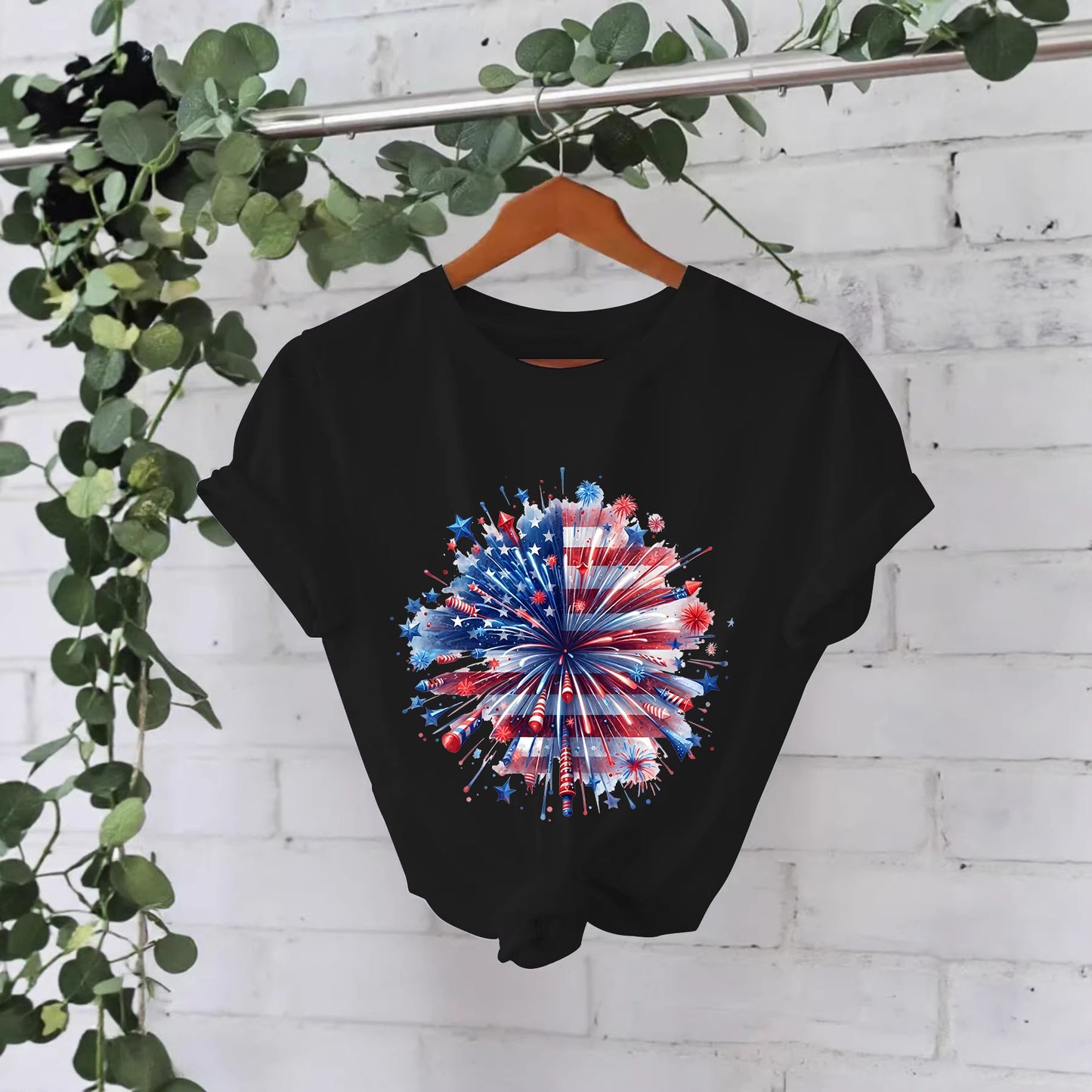 Women's Fashion Short-sleeved Independence Day Fireworks Printing Women's T-shirt