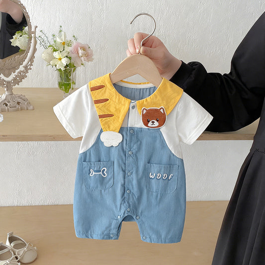 White Color Matching Jumpsuit Large Pocket Single-breasted Super Cute Romper Jumpsuit, Climbing Suit