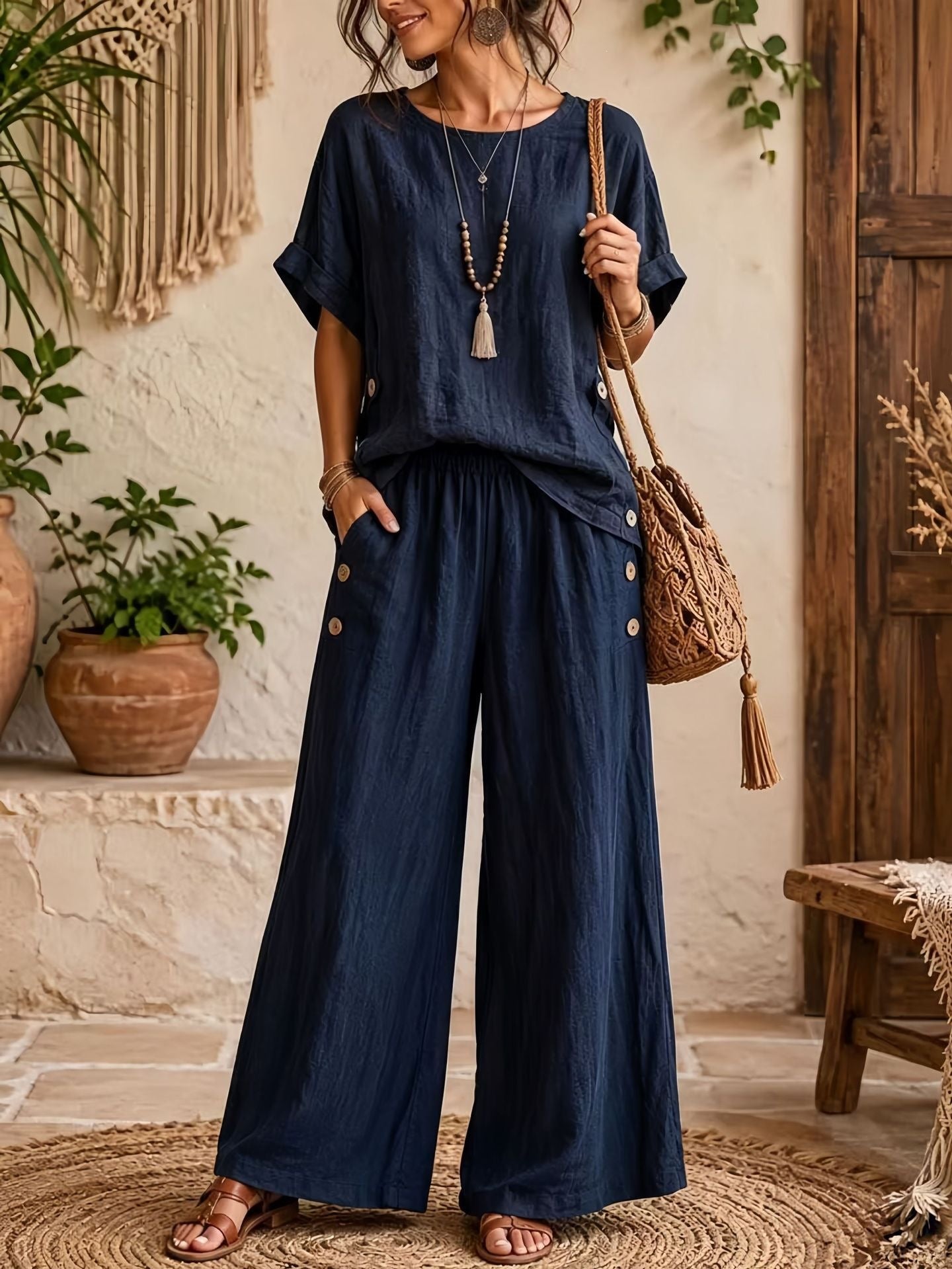Women's Linen Round Neck Sleeve High Waist Loose Wide Leg Fashion Casual Suit