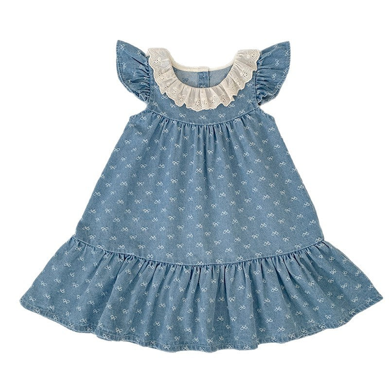 Summer Denim Bow Print Vest Crawling Suit Children's Dress