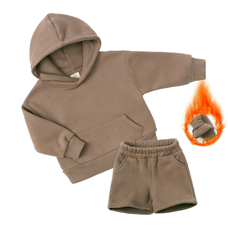 Children's Long-sleeved Sweater Shorts Two-piece Set Solid Color Boys Thickening Exercise Children's Suit