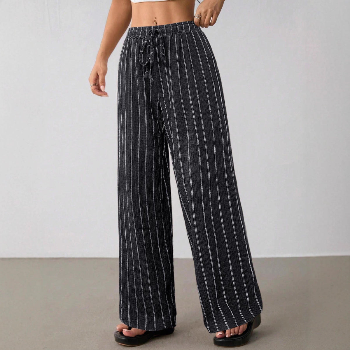 Women's Loose Striped Drawstring Elastic Waist Contrast Color Wide Leg Casual Pants