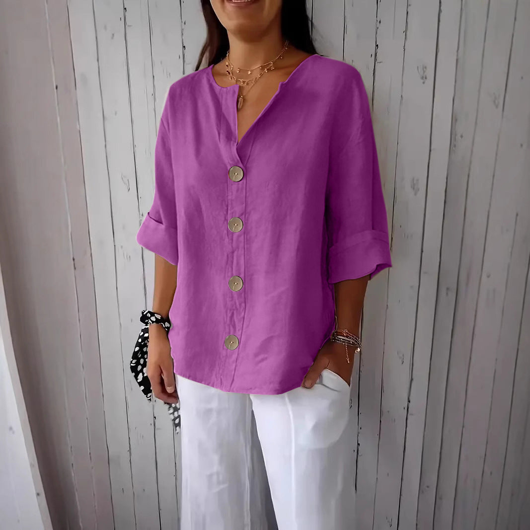 Women's Summer Loose T-shirt Cotton Linen Button Tops