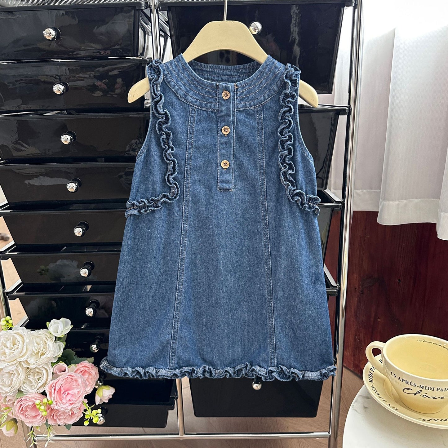Summer Korean Style Fungus Edge Solid Color Western Classic Denim Children's Dress