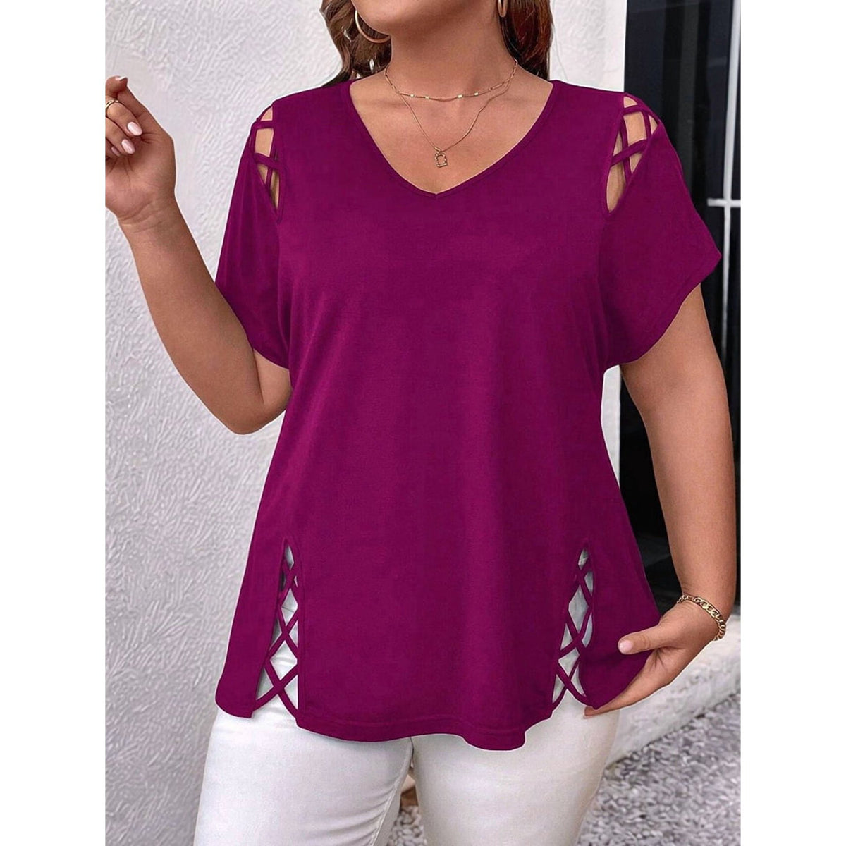 Women's Summer Casual Short-sleeved Shoulder Side Cross Large Size T-shirt