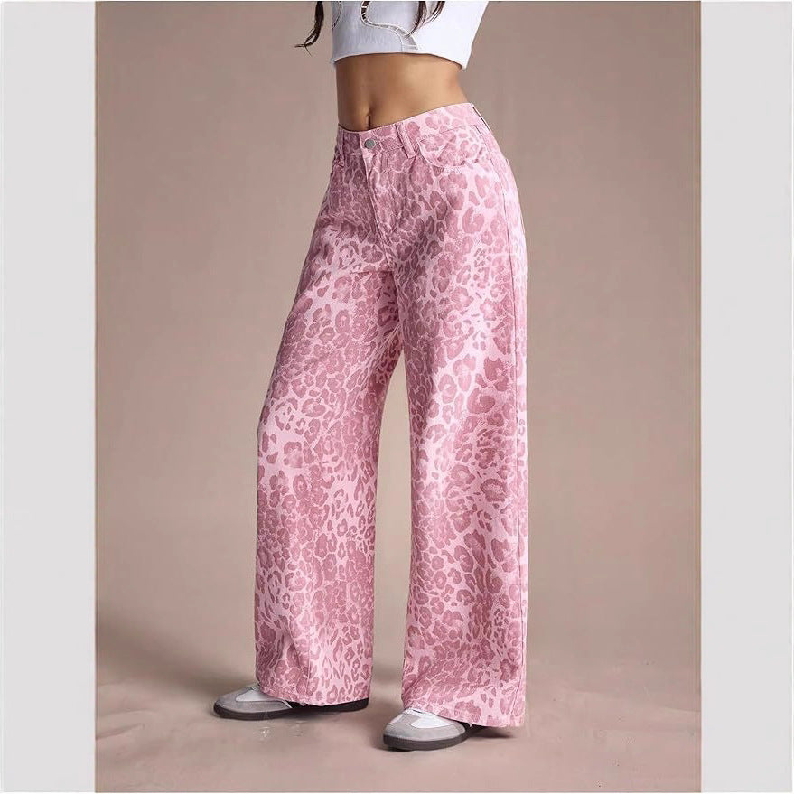 Women's Pink Leopard Summer Fashion Loose Casual Straight Pants