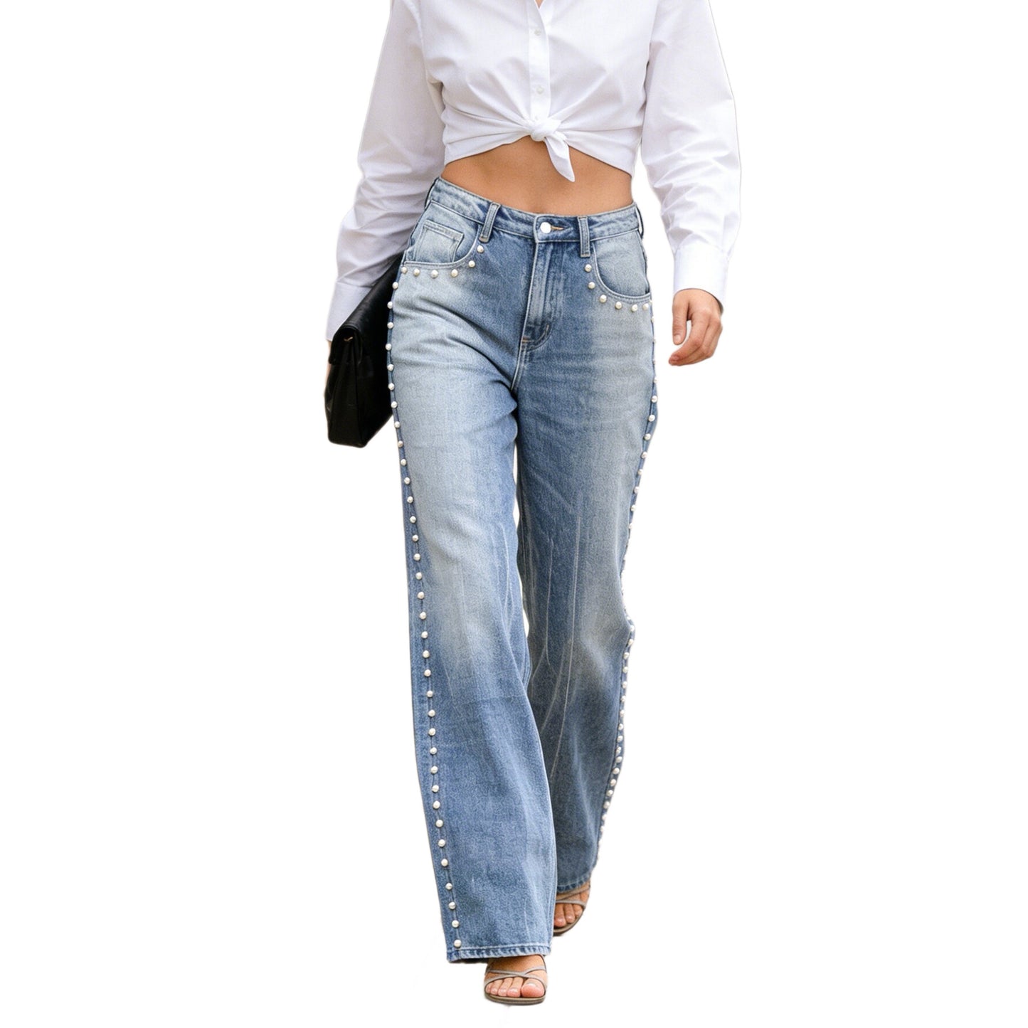Wind Pearl Wide Leg Retro Gradient Washed Side Rivets Women's Jeans