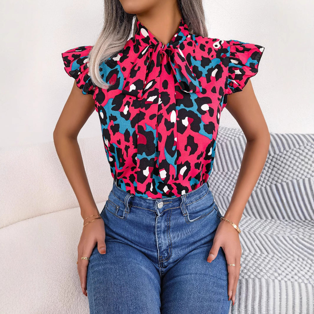 Women's Casual Leopard Print Stringy Seedge Lace Shirt, Chiffon Shirt