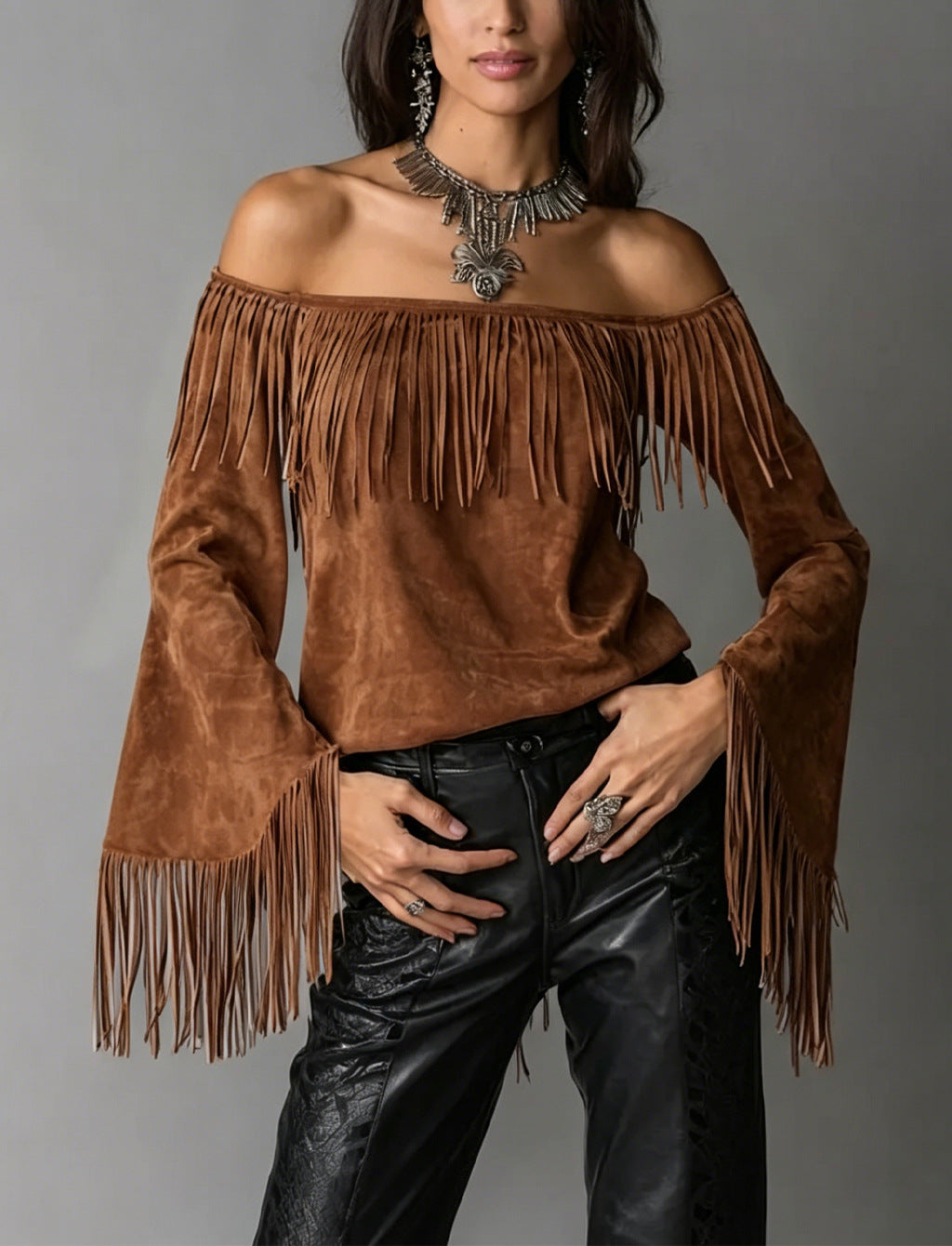 Women's Retro Tassel Suede Flared Long Sleeve Western Women's T-shirt