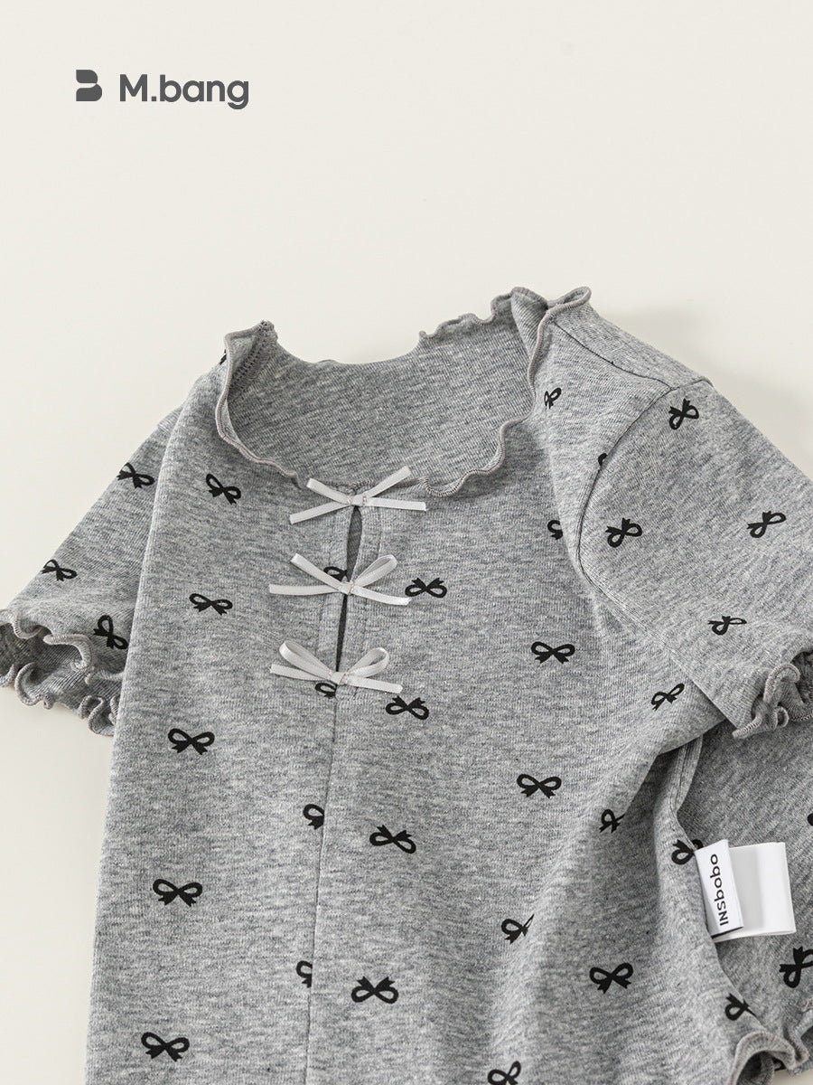 Children's Clothing Summer Korean Top Wooden Ear Bow Printed Children's T-shirt