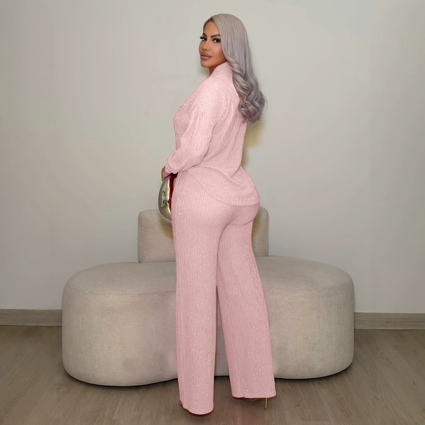 Women's Rhinestone Pleated Long-sleeved Lapel Shirt Trousers Fashion Casual Suit