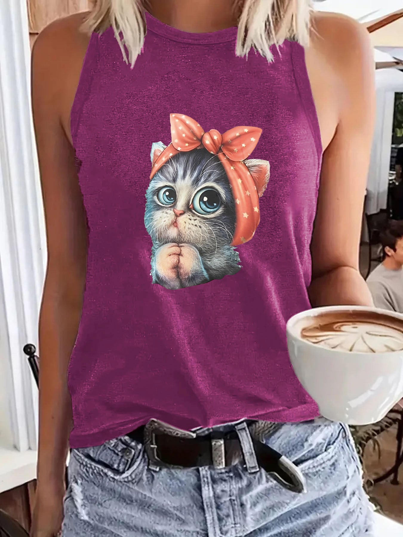 Women's Cat Printing Round Neck Casual Sleeveless Small Vest/suspenders/tube Top