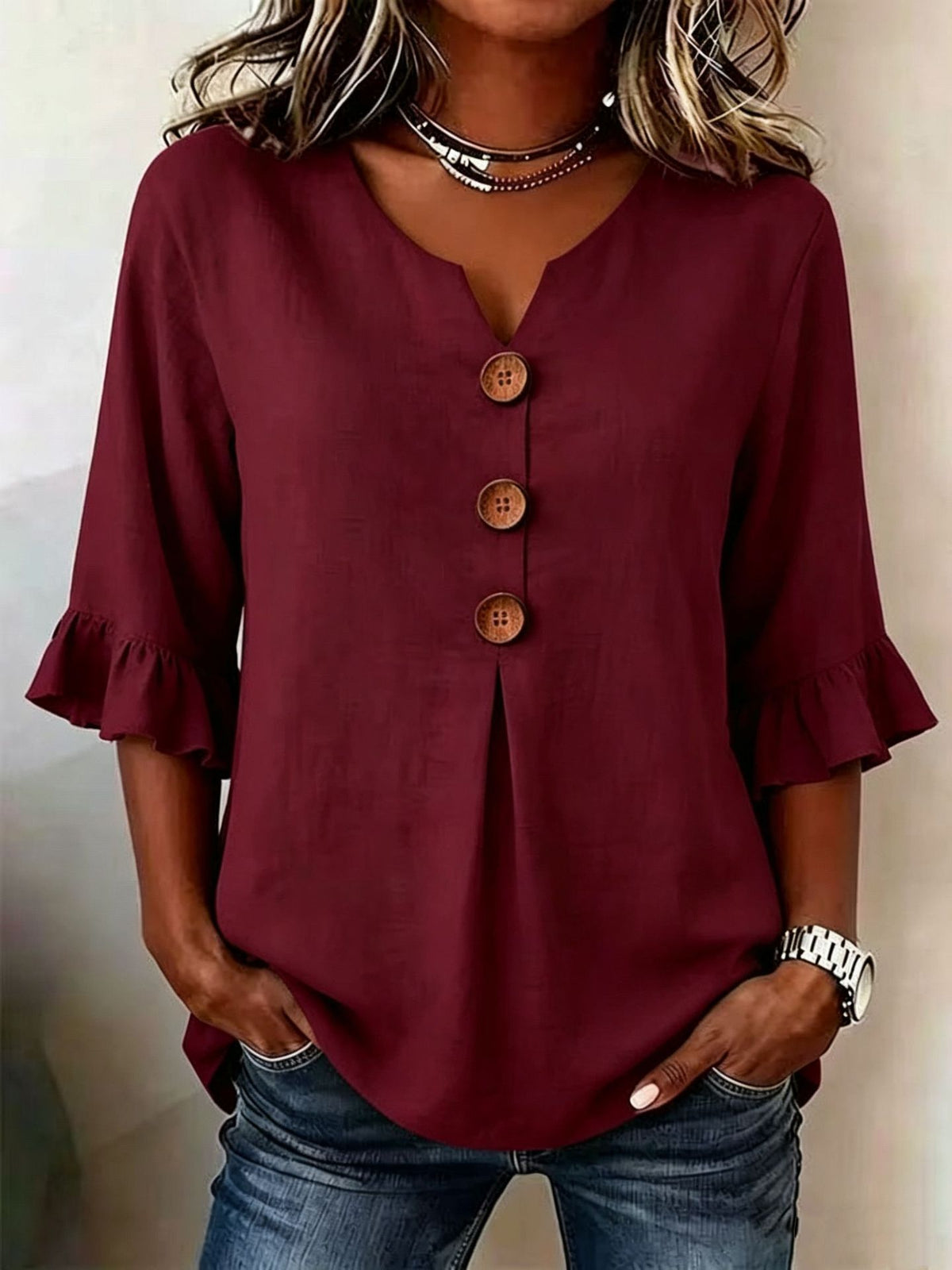 Women's Summer Buttons Ruffled Half Sleeves Loose Blouses