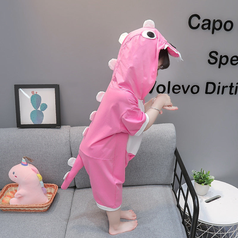 Children's Pajamas Summer Boy's Cotton Short-sleeved Boy Cartoon Dinosaur Romper Hooded Jumpsuit, Climbing Suit