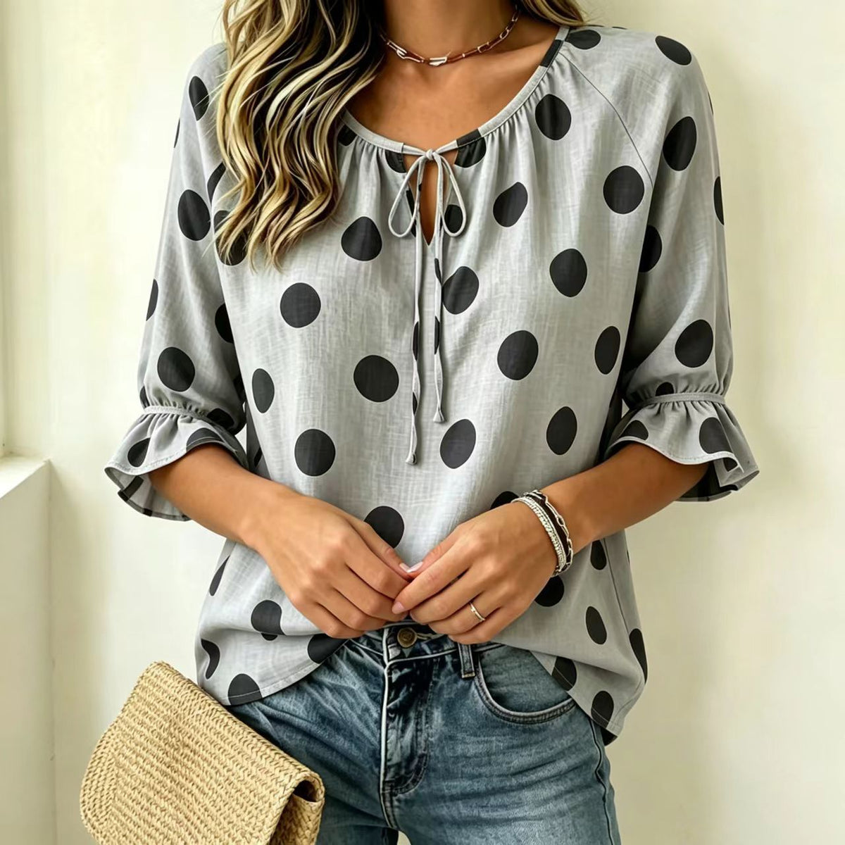 Women's Summer Printed Polka Dot Round Neck Tied Tops