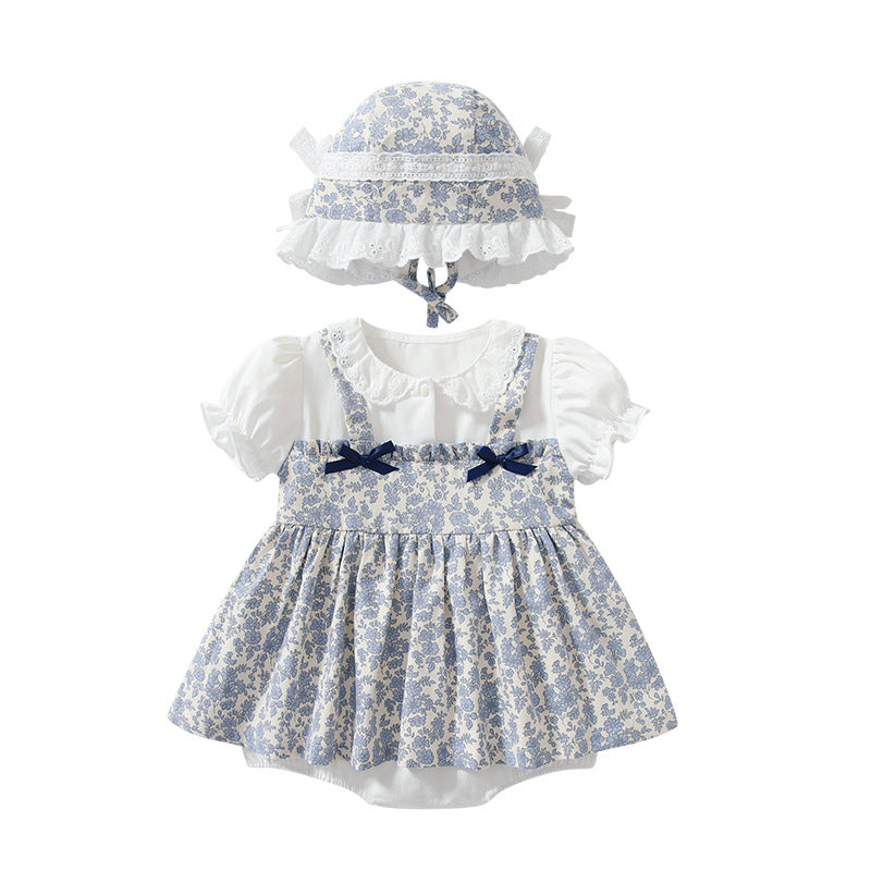Summer Korean Style Cotton Floral Fake Two-piece Born Going Jumpsuit, Climbing Suit