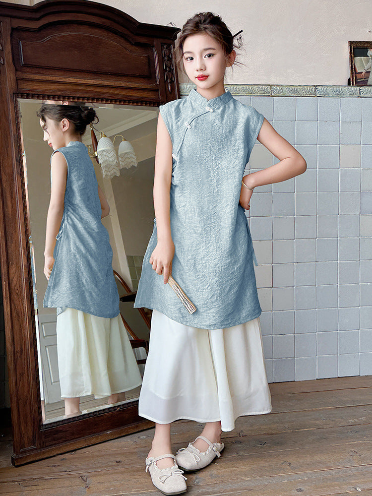 Children's Suits Summer National Sleeveless Cheongsam Dress Children's Suit