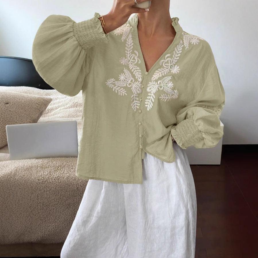 Women's Autumn Embroidered Floral Button Long Sleeve Blouse