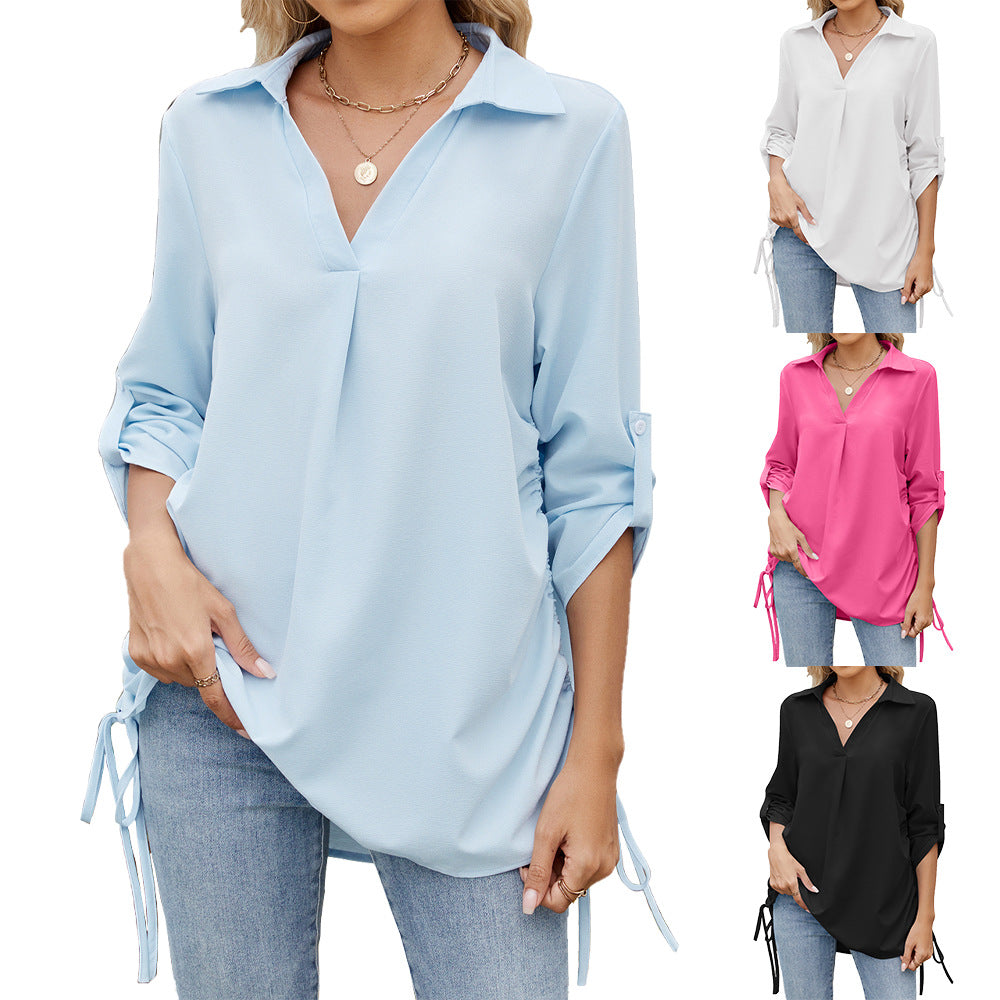 Women's Color Polo Collar Loose Half Sleeve Blouses