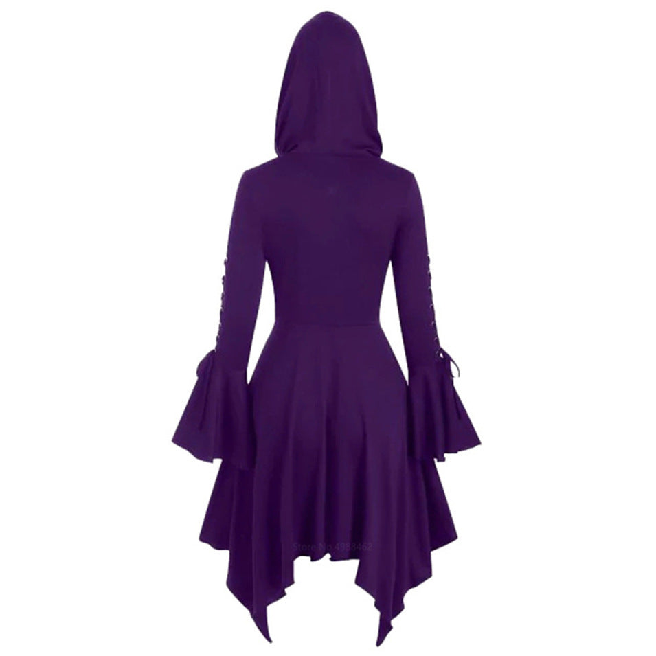 Women's Gothic Hooded Cape Irregular Hem Lotus Skirt