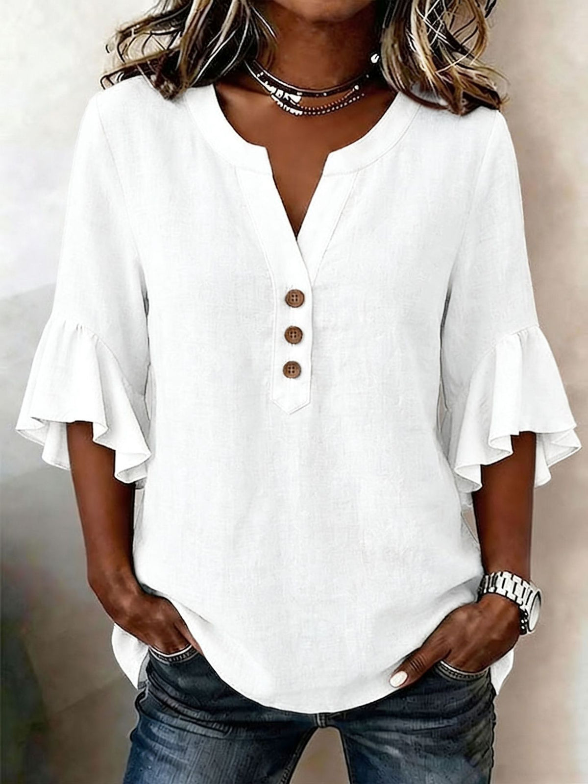 Women's Cotton Linen French Style Gentle Bell Sleeve Loose Casual Shirt Blouse