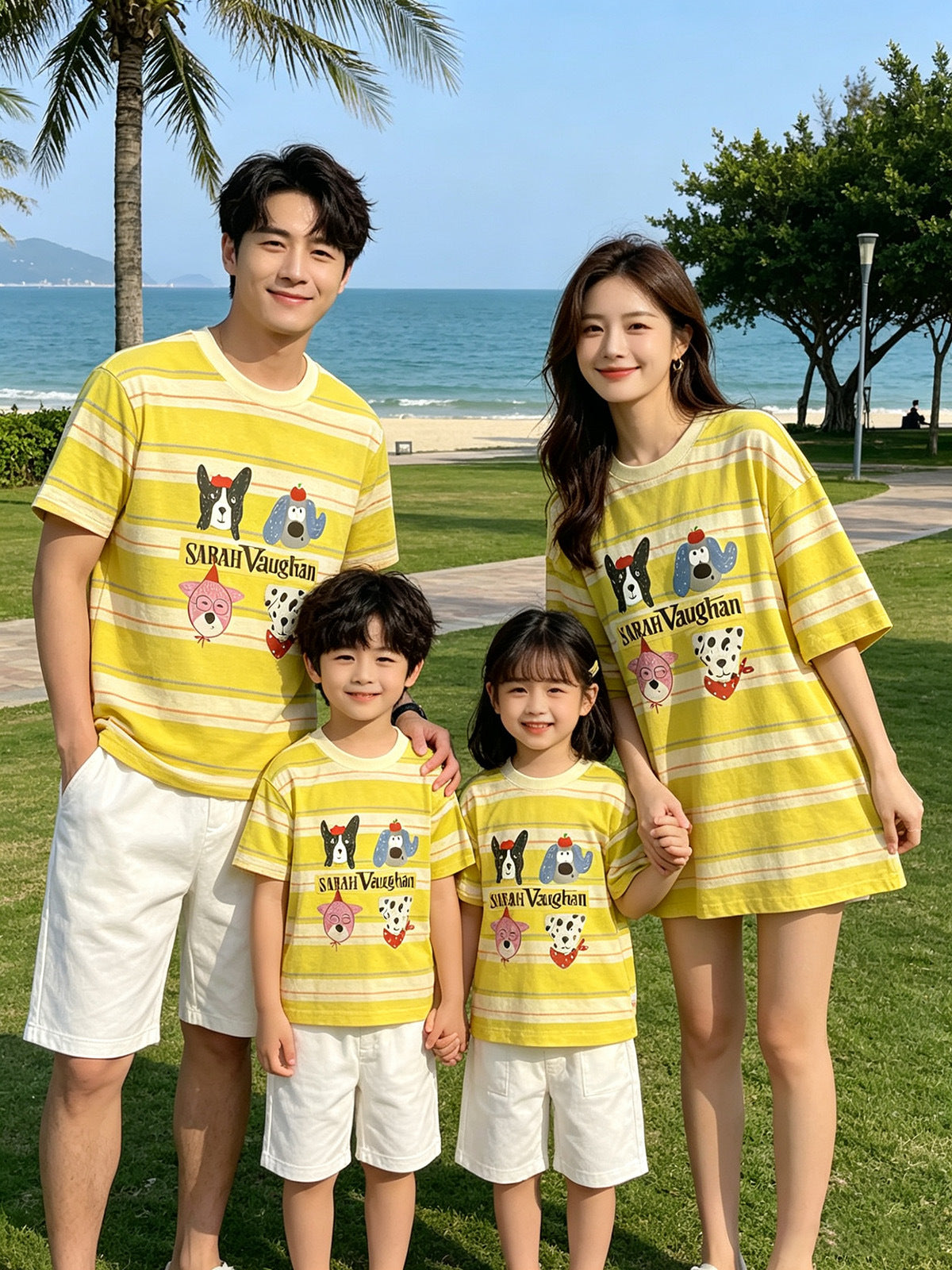 Cartoon Puppy T-shirt Family Of Four Seaside Parent-child Outfit