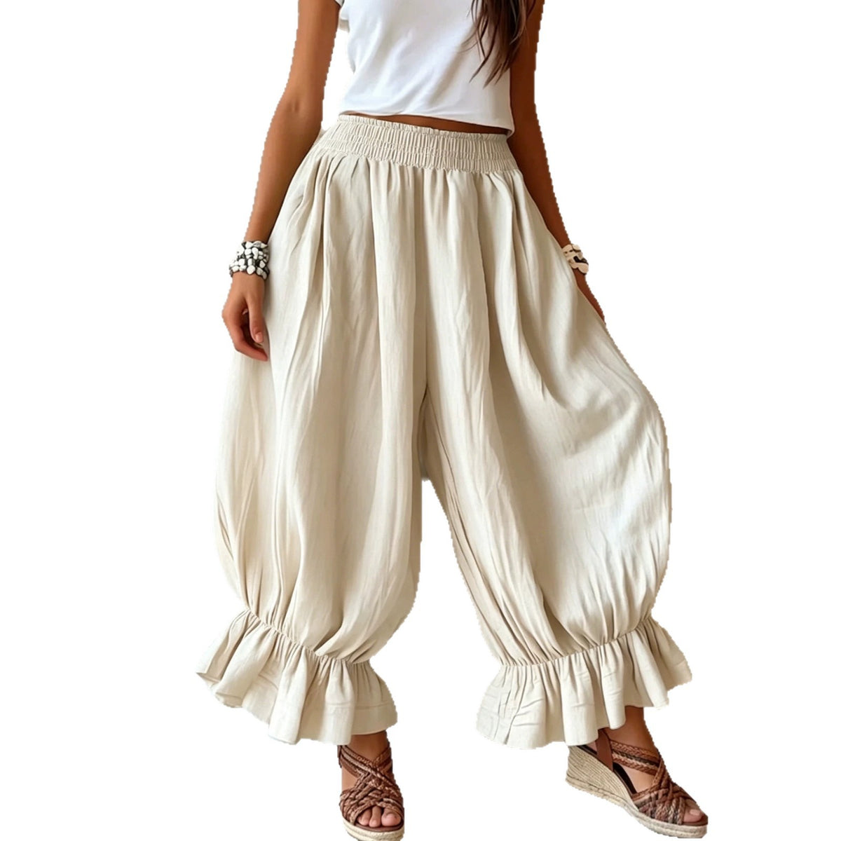 Women's Summer Loose Cotton Linen Ruffled Bloomers Casual Pants